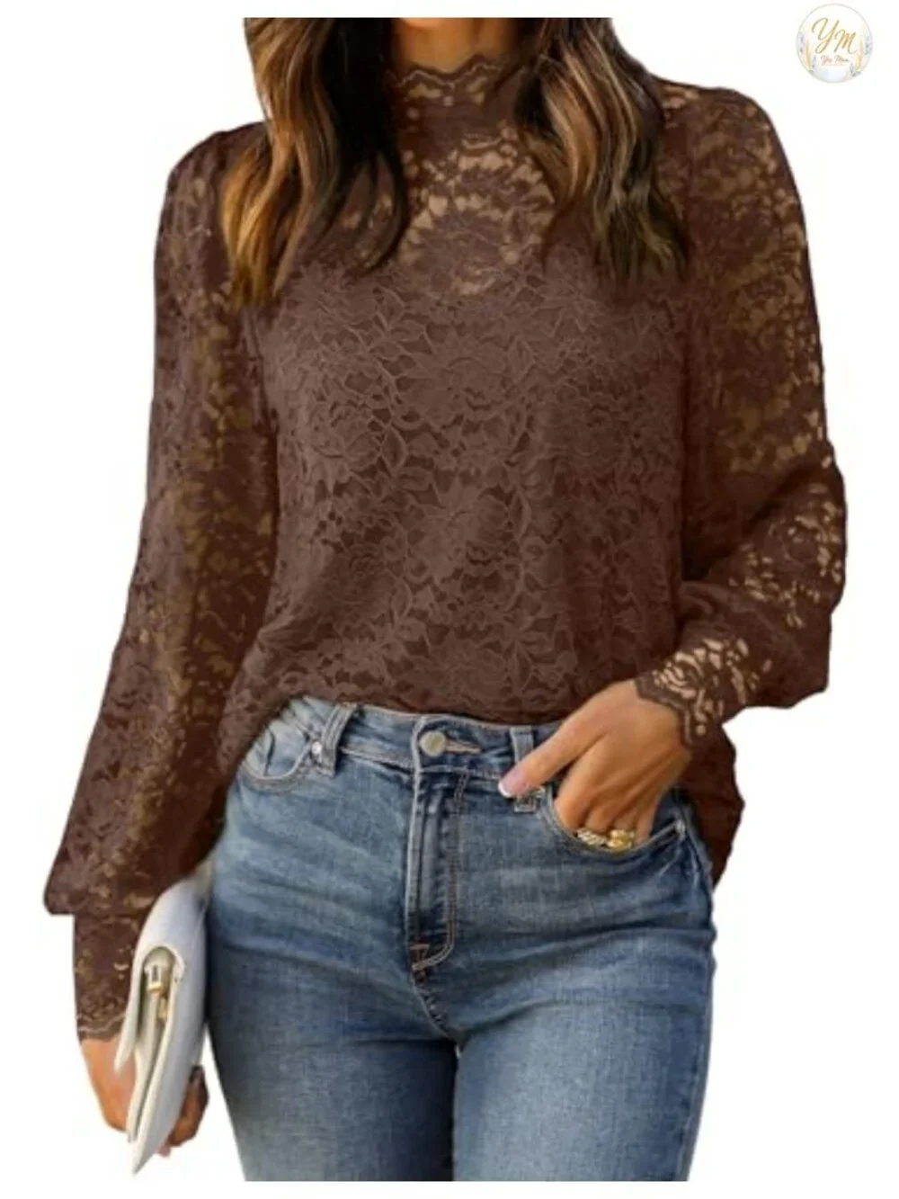 Lace Long Sleeve Blouse Set with Camisole, Mock Neck Sheer Top
